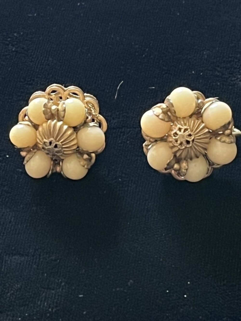 Vintage Miriam Haskell Gold Filigree Faux Glass Bead Clip Earrings